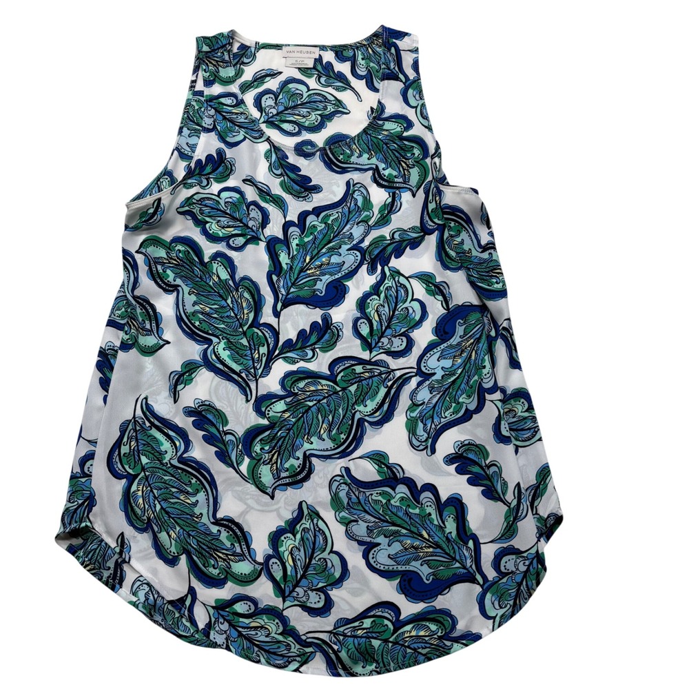 Van Heusen Blue Green Paisley Feather Print Sleeveless Blouse Top Small S/P #858